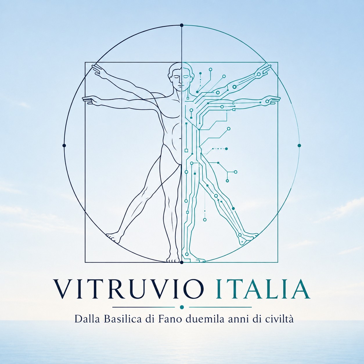 Logo Vitruvio Italia: figura vitruviana tra disegno e circuiti digitali